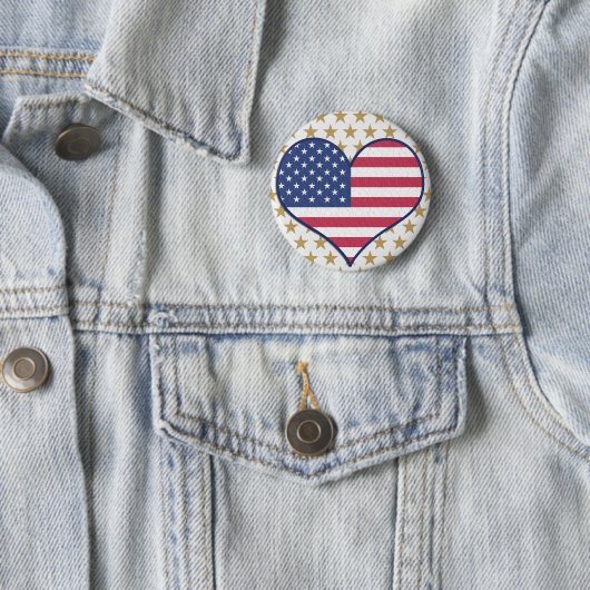 Cute USA Flag Heart Gold Stars Pin Button (In situ)