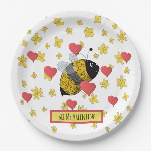 Cute Valentijn Bumblebee Daisy Pink Heart Papieren Bordje (Voorkant)