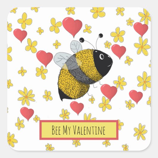 Cute Valentijn Bumblebee Daisy Pink Heart Vierkante Sticker (Voorkant)