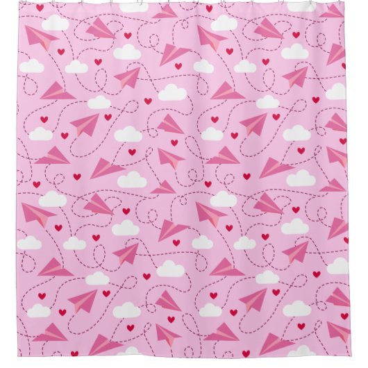 Cute Valentijn Flying Airplane Red Pink Hearts Douchegordijn (Voorkant)