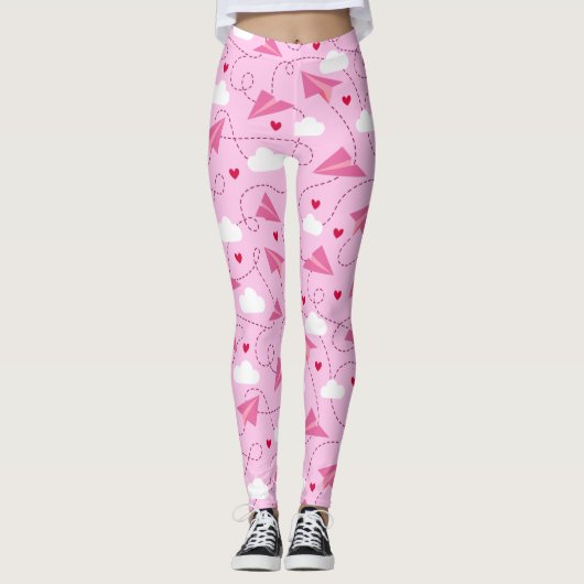 Cute Valentijn Flying Airplane Red Pink Hearts Leggings (Voorkant)