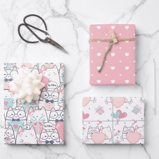 Cute Valentijn Heart Love Cats Patroon Inpakpapier Vel (Voorkant)