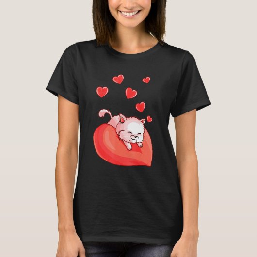 Cute Valentijnsdag Cat Love Hearts T-shirt (Voorkant)