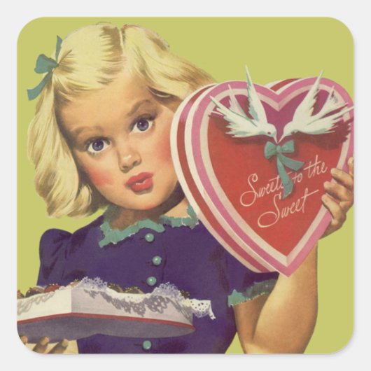  Cute Valentijnsdag, meisje met chocolade Vierkante Sticker (Voorkant)