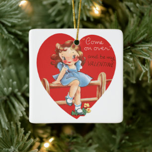 Cute Valentijnsdag, meisje op hek Keramisch Ornament
