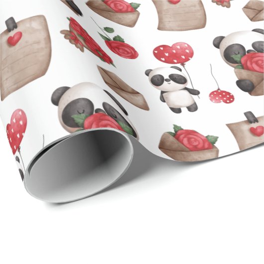 Cute Valentijnsdag Panda Beer Love Pattern Cadeaupapier (Rol Hoek)