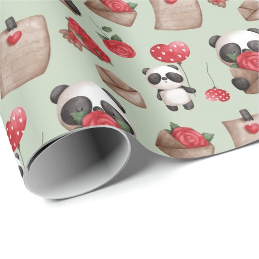 Cute Valentijnsdag Panda Beer Love Pattern Cadeaupapier (Rol Hoek)