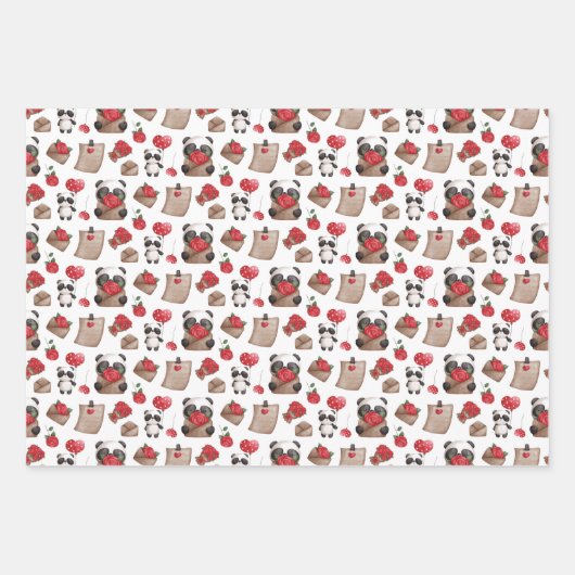 Cute Valentijnsdag Panda Beer Love Pattern Inpakpapier Vel (Voorkant)