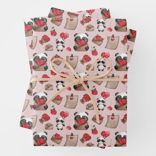 Cute Valentijnsdag Panda Beer Love Pattern Inpakpapier Vel (In situ)