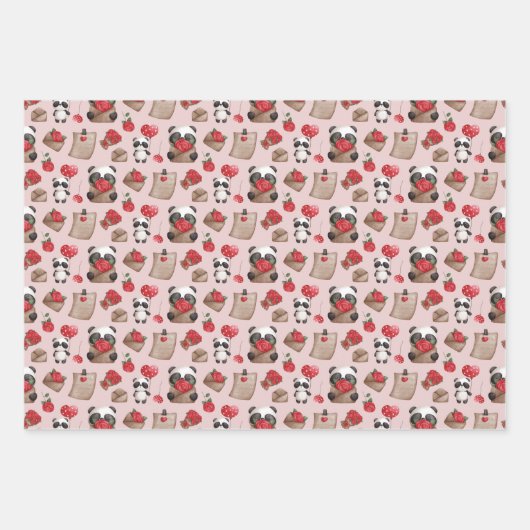 Cute Valentijnsdag Panda Beer Love Pattern Inpakpapier Vel (Voorkant)