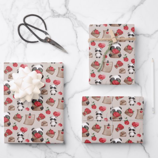 Cute Valentijnsdag Panda Beer Love Pattern Inpakpapier Vel (Voorkant)