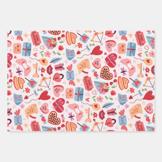Cute Valentijnsdag Pattern Heart and Love Inpakpapier Vel (Voorkant)