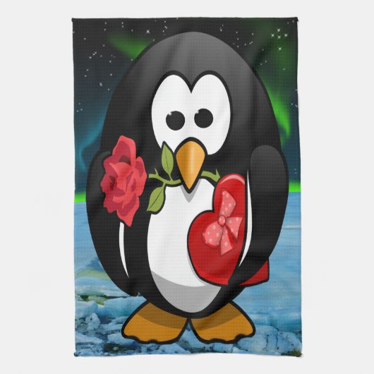 Cute Valentijnsdag Penguin Funny Cartoon Theedoek (Verticaal)
