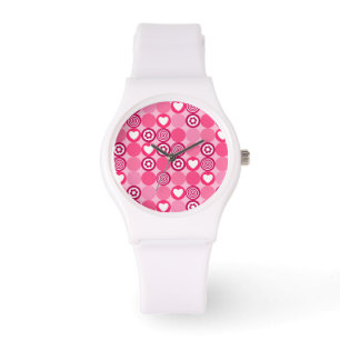 Cute Valentijnsdag Roze Hart en Bloem Patroon Horloge