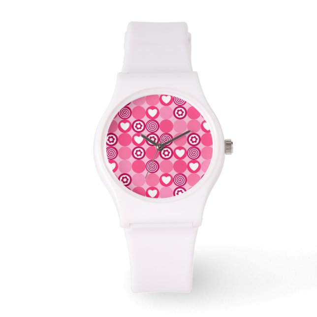 Cute Valentijnsdag Roze Hart en Bloem Patroon Horloge (Voorkant)