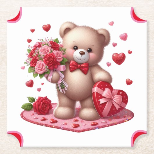 Cute Valentijnsdag Teddy Bear Kartonnen Onderzetters (Voorkant)
