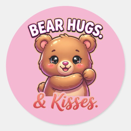 Cute Valentine Bear – Bear Hugs & Kisses Ronde Sticker (Voorkant)