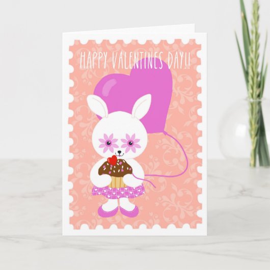 Cute Valentine Bunny with Cupcake Card Feestdagen Kaart (Voorkant)
