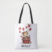 Cute Valentine Cat with Hearts Personalized Tote Bag (Voorkant)
