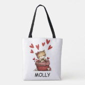 Cute Valentine Cat with Hearts Personalized Tote Bag (Achterkant)