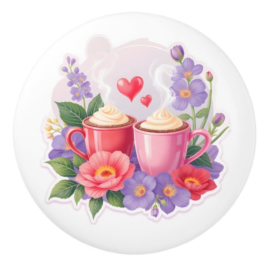Cute Valentine Cocoa Mugs with Flowers & Hearts Keramische Knop (Voorkant)