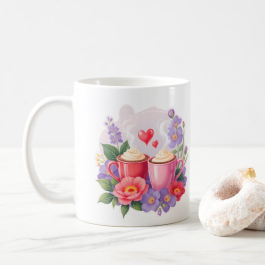 Cute Valentine Cocoa Mugs with Flowers & Hearts Koffiemok (Met donut)
