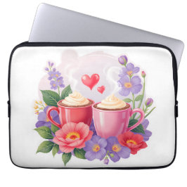 Cute Valentine Cocoa Mugs with Flowers & Hearts Laptop Sleeve