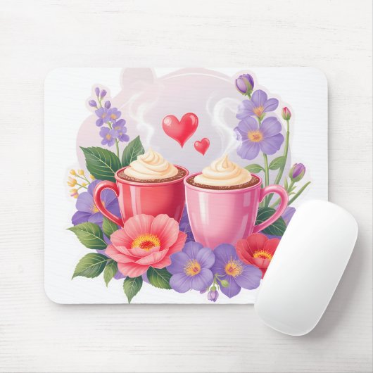 Cute Valentine Cocoa Mugs with Flowers & Hearts Muismat (Met muis)