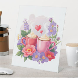 Cute Valentine Cocoa Mugs with Flowers & Hearts Reclamebord Met Voetstuk