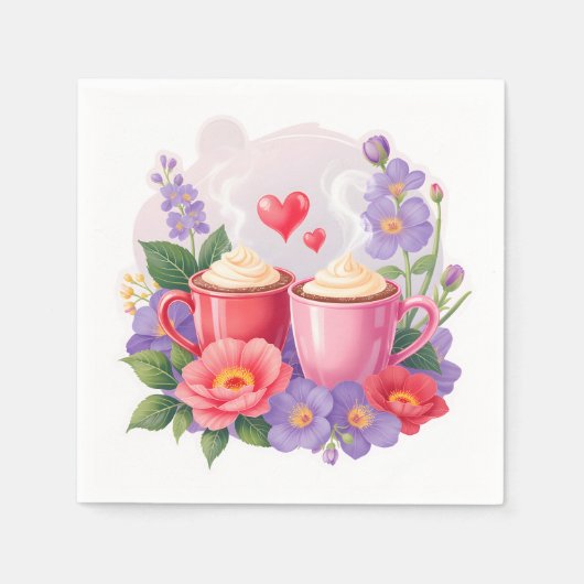 Cute Valentine Cocoa Mugs with Flowers & Hearts Servet (Voorkant)