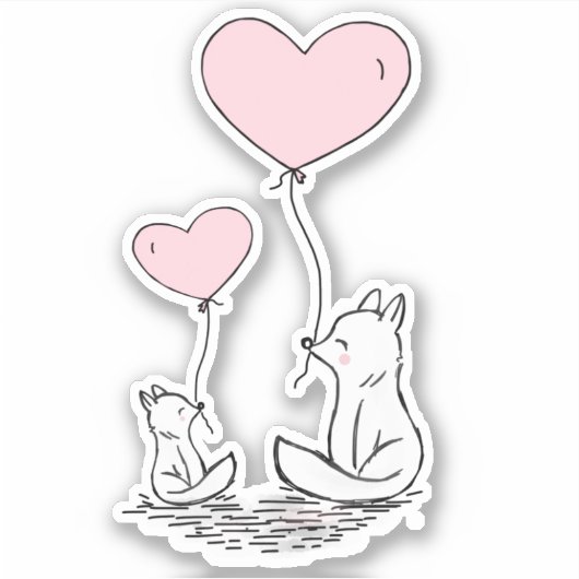 Cute Valentine Foxes Pink Heart Balloons Design Sticker (Voorkant)
