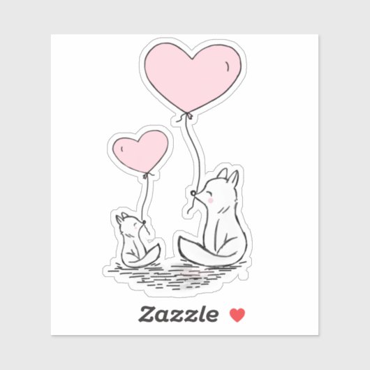 Cute Valentine Foxes Pink Heart Balloons Design Sticker (Vel)