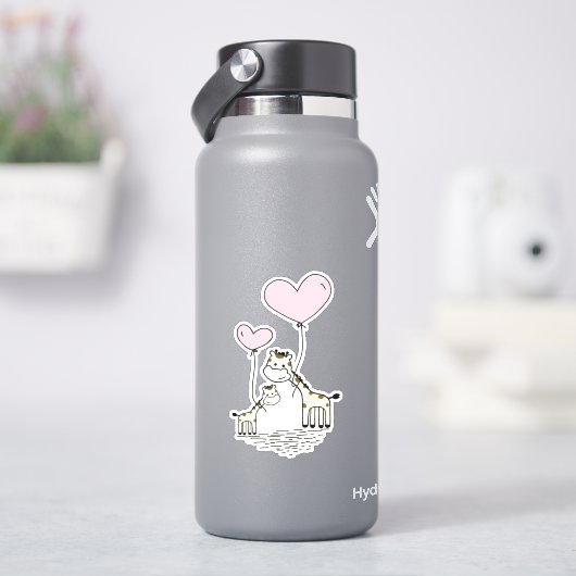 Cute Valentine Giraffes Pink Heart Balloons Design Sticker (HydroFlask)