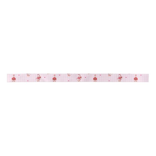 Cute Valentine Goose Hearts Pink Grid Pattern  Satijnen Lint (Voorkant)