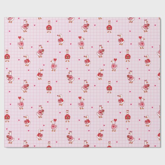 Cute Valentine Goose Pattern Hearts Pink Grid Cadeaupapier (Vlak)