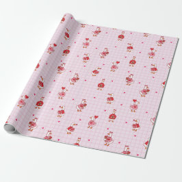 Cute Valentine Goose Pattern Hearts Pink Grid  Cadeaupapier