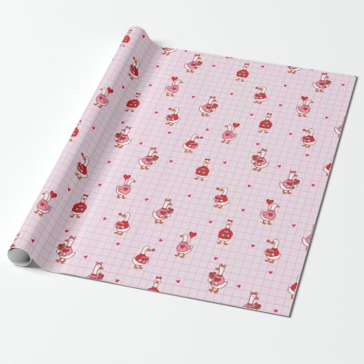 Cute Valentine Goose Pattern Hearts Pink Grid  Cadeaupapier (Uitgerold)