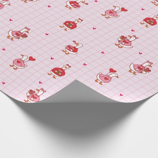Cute Valentine Goose Pattern Hearts Pink Grid  Cadeaupapier (Hoek)
