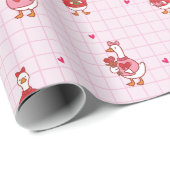 Cute Valentine Goose Pattern Hearts Pink Grid  Cadeaupapier (Rol Hoek)