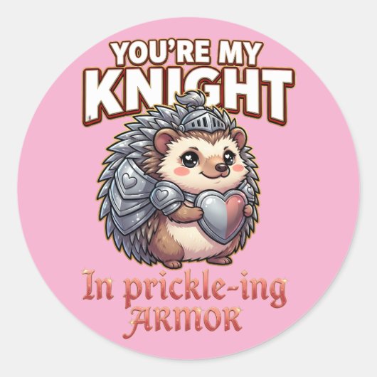 Cute Valentine Hedgehog – Knight in Prickly Armor Ronde Sticker (Voorkant)