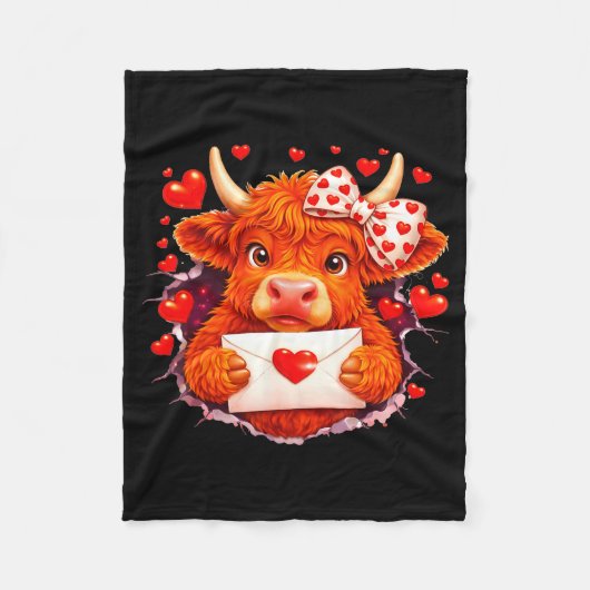 Cute Valentine Highland Cow With Heart Bow Western Fleece Deken (Voorkant)