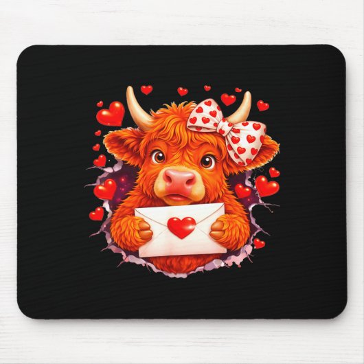 Cute Valentine Highland Cow With Heart Bow Western Muismat (Voorkant)