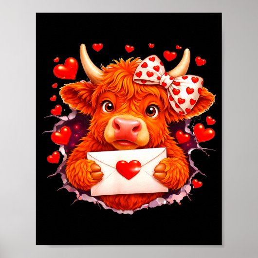 Cute Valentine Highland Cow With Heart Bow Western Poster (Voorkant)