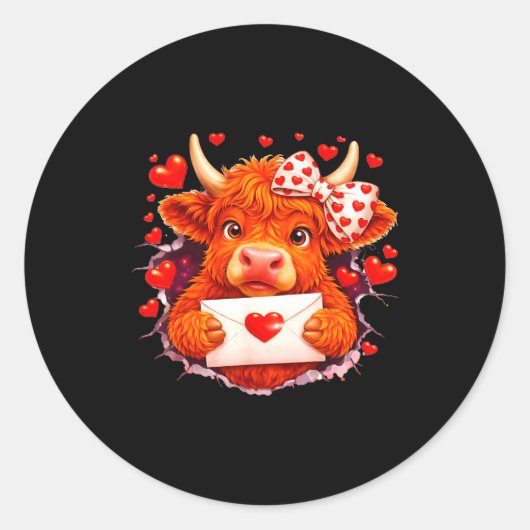 Cute Valentine Highland Cow With Heart Bow Western Ronde Sticker (Voorkant)