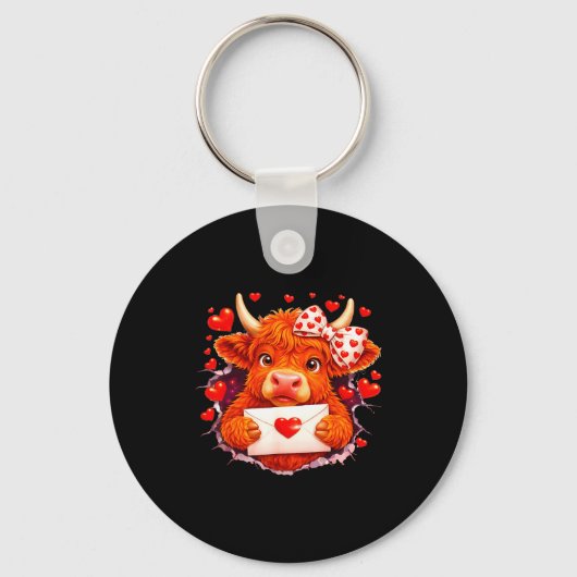 Cute Valentine Highland Cow With Heart Bow Western Sleutelhanger (Voorkant)