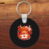 Cute Valentine Highland Cow With Heart Bow Western Sleutelhanger (Voorkant)
