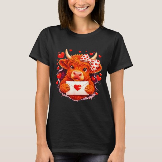 Cute Valentine Highland Cow With Heart Bow Western T-shirt (Voorkant)
