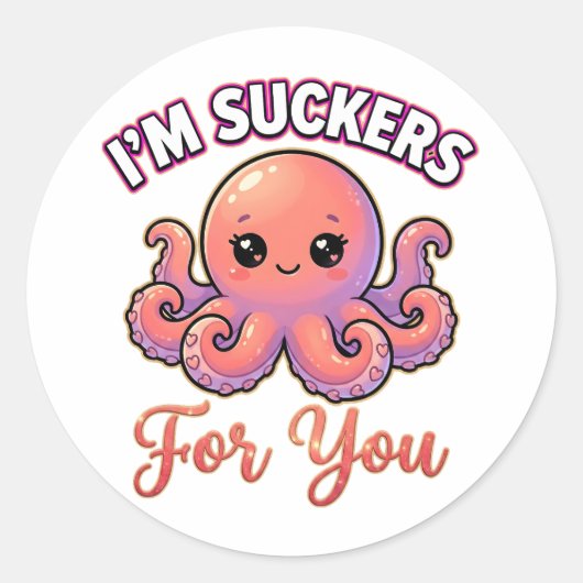 Cute Valentine Octopus – I’m Suckers for You Ronde Sticker (Voorkant)