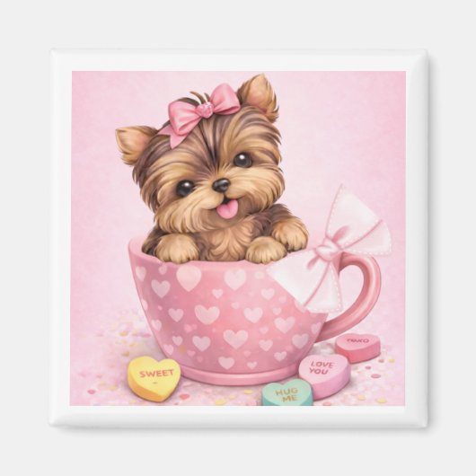 Cute Valentine Yorkie in Pink Teacup Magnet (Voorkant)