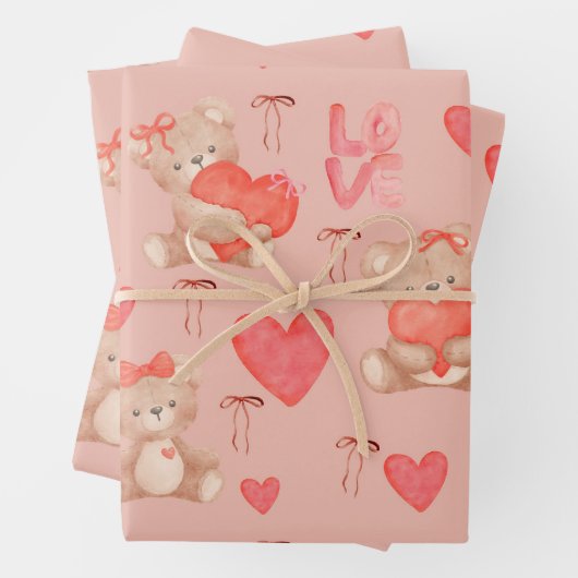 Cute Valentines Brown Teddy Bear Seamless Pattern Inpakpapier Vel (In situ)